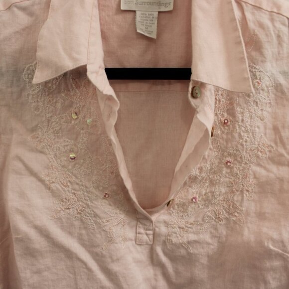 Soft Surroundings 100% Linen Soft Pink Embroidered Collared Shirt with Buttons M - Picture 2 of 5